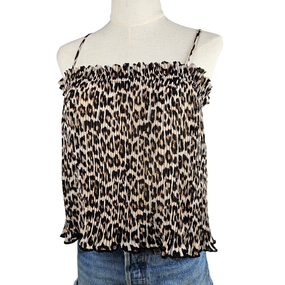 NEW H&M Pleated Flounce Cami S Black Tan Leopard Print Tank Top NWT